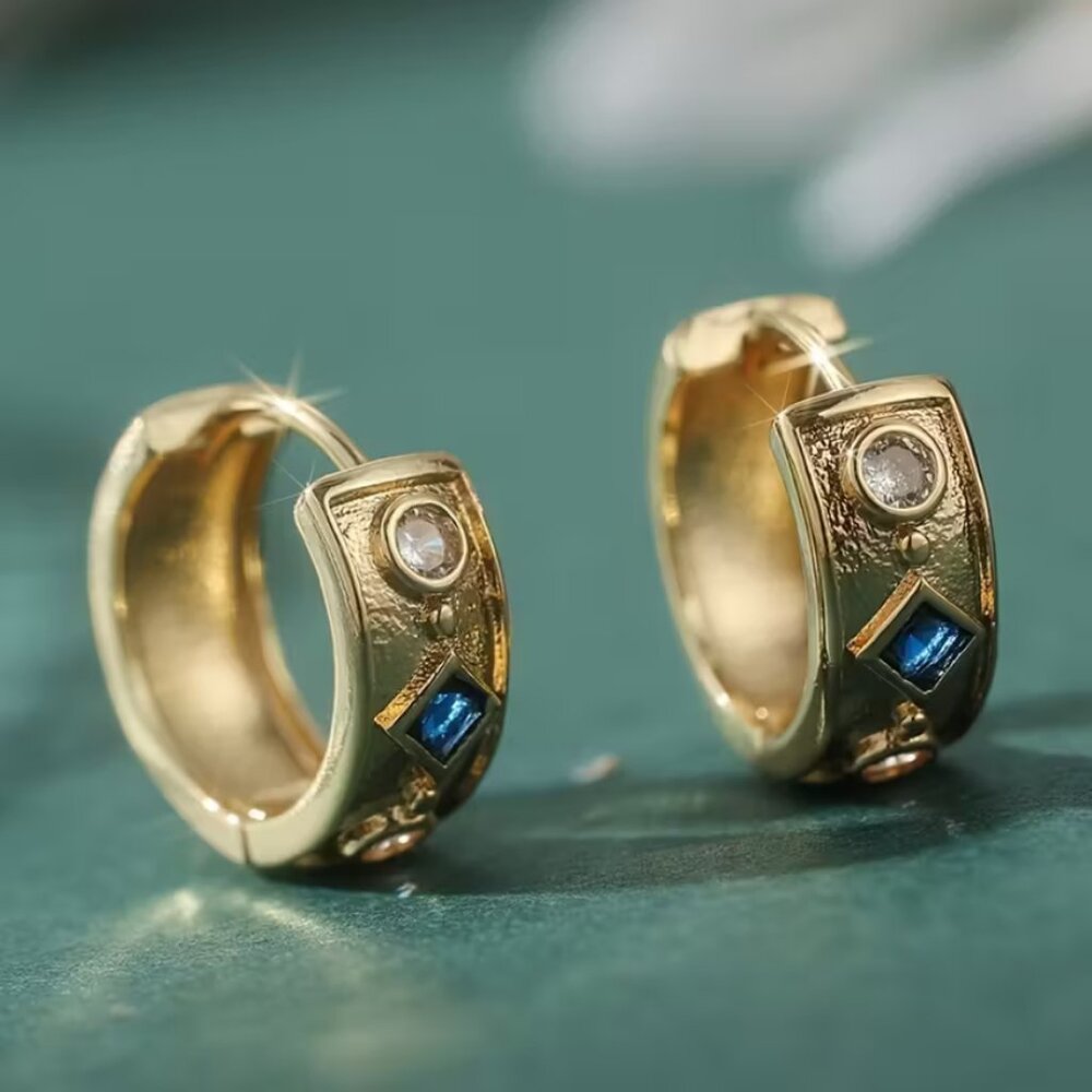 14K Gold Womens 1ct Blue Sapphire Gemstone 1ct Diamond Small Hoop Earrings NEW - Picture 2 of 5